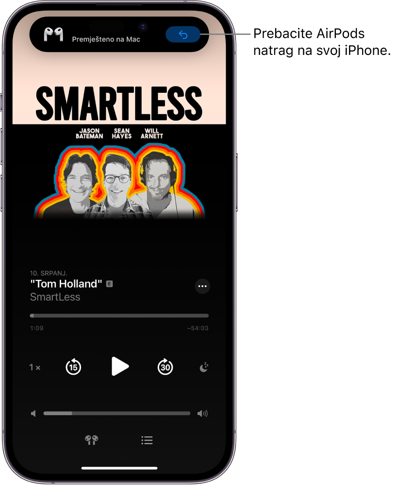 Zaključani zaslon iPhonea s porukom pri vrhu u kojoj piše “Premješteno na Mac” i tipkom za prebacivanje slušalica AirPods natrag na iPhone.