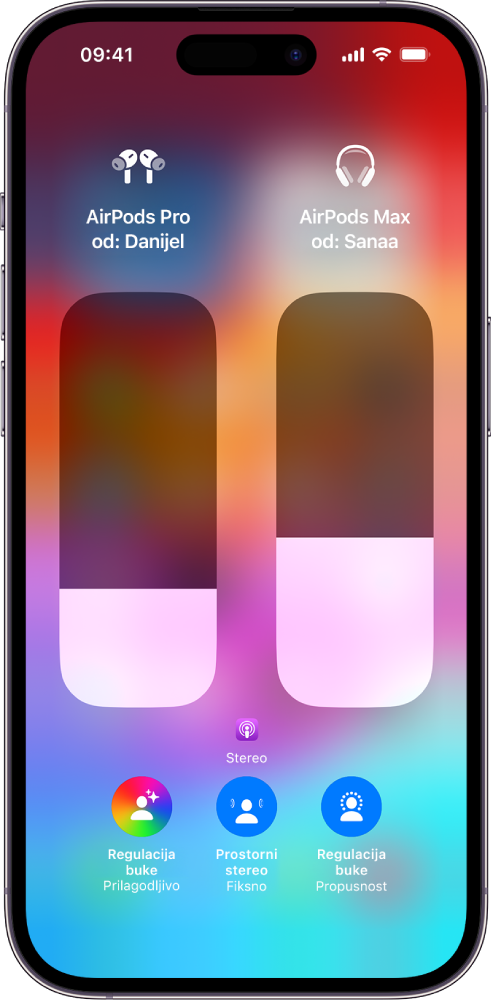 Zaslon za podešavanje glasnoće u Kontrolnom centru prikazuje razinu glasnoće za dva para slušalica AirPods. Ispod indikatora glasnoće s lijeve strane nalazi se ikona Regulacije buke/Propusnosti i označava da je uključena Propusnost. Ispod indikatora glasnoće s desne strane nalazi se ikona Regulacije buke/Propusnosti i označava da je uključena Regulacija buke.