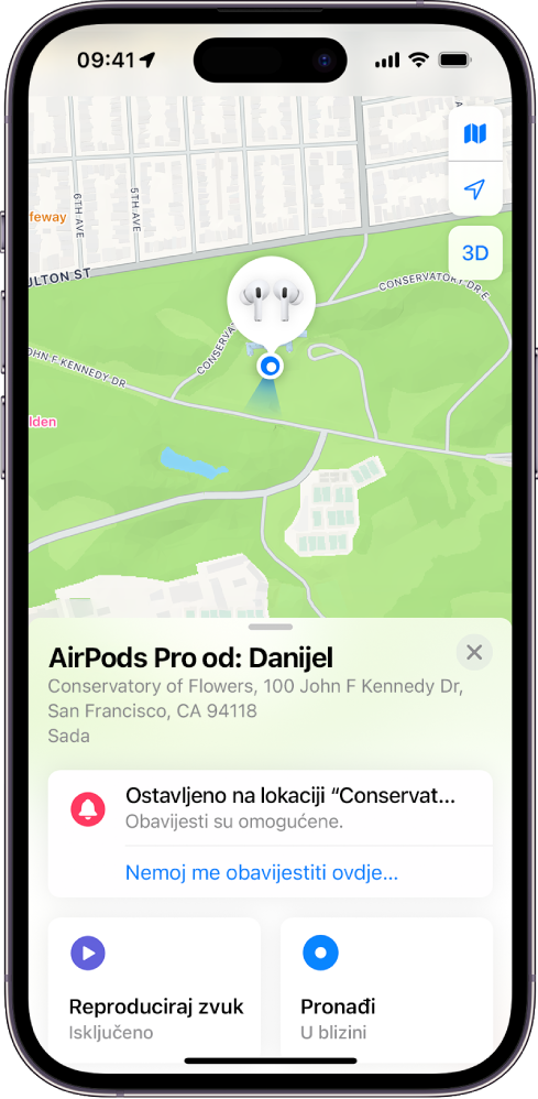 Zaslon aplikacije Pronalaženje na iPhoneu. Lokacija slušalica AirPods Pro prikazana je na karti San Francisca, s navedenom adresom i opcijama Reproduciraj zvuk, Pronađi i Obavijesti.
