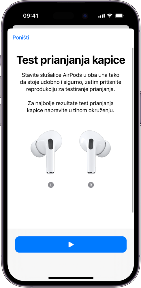 Na zaslonu iPhonea prikazuje se Test prianjanja kapice za AirPods Pro (1. generacija).