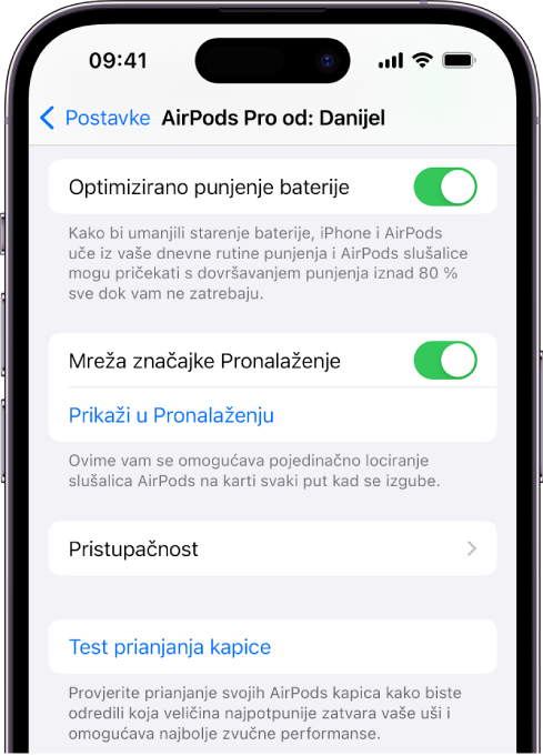 Postavke Bluetootha na iPhoneu s prikazanim opcijama za slušalice AirPods Pro (sve generacije). Uključena je opcija “Mreža značajke Pronalaženje”, koja omogućava pojedinačno lociranje slušalica AirPods na karti svaki put kad se izgube.
