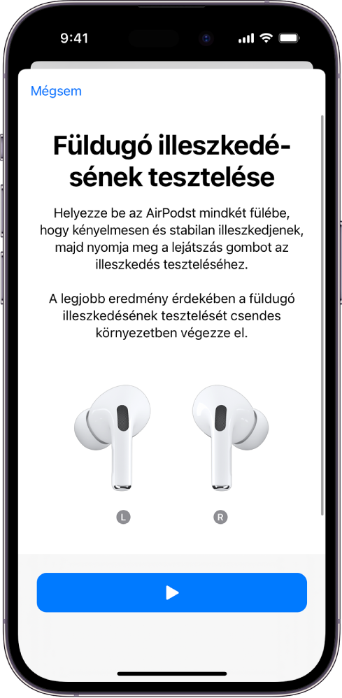 Az iPhone képernyőjén az AirPods Próhoz (1. generáció) rendelkezésre álló Füldugó illeszkedésének tesztelése funkció látható.