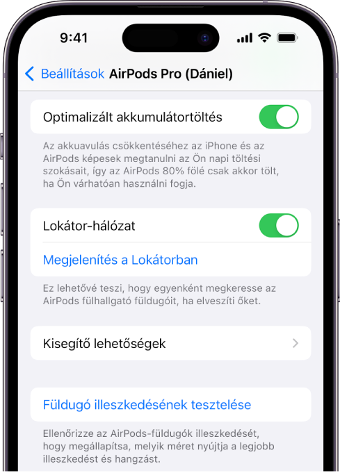 Egy iPhone-on egy AirPods Pro (összes generáció) Bluetooth-beállításai láthatók. A „Lokátor-hálózat funkció be van kapcsolva, amely segítségével egyenként is megkeresheti az elveszett fülhallgatót a térképen.