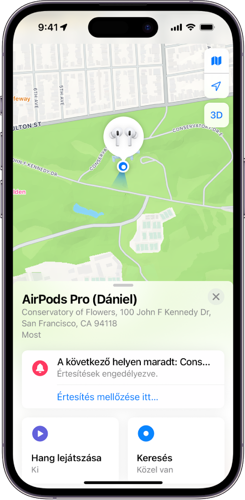 Az iPhone Lokátor appjának egy képernyője. Az AirPods Pro helyzete megjelenik San Francisco térképén az adott címmel, illetve a Hang lejátszása, a Keresés és az Értesítések gombbal.