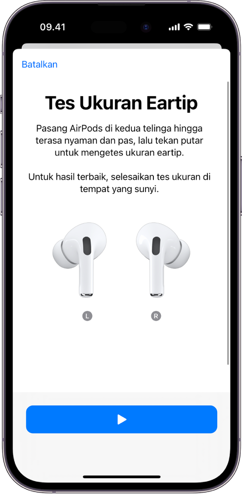 Layar iPhone menampilkan layar Tes Ukuran Eartip untuk AirPods Pro (generasi ke-1).