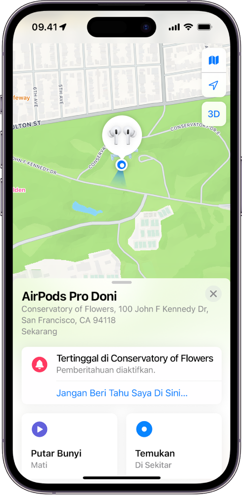 Layar dari app Lacak di iPhone. Lokasi AirPods Pro ditampilkan di peta San Francisco, bersamaan dengan alamat tercantum dan pilihan Putar Bunyi, Temukan, dan Pemberitahuan.