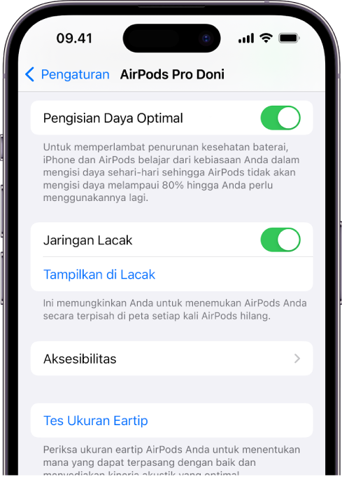 Pengaturan Bluetooth di iPhone menampilkan pilihan untuk AirPods Pro (semua generasi). Pilihan Jaringan Lacak menyala, yang memungkinkan AirPods untuk ditemukan secara terpisah di peta kapan pun hilang.