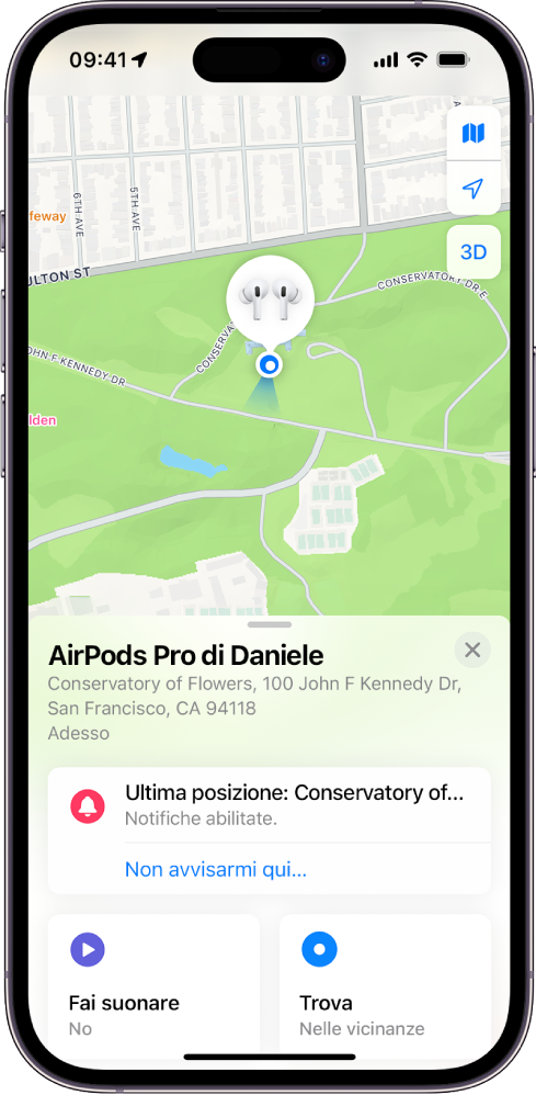 Una schermata dell'app Dov'è su iPhone. La posizione degli AirPods Pro viene visualizzata su una mappa di San Francisco con un indirizzo e le opzioni per farli suonare, ottenere indicazioni o di notifica.