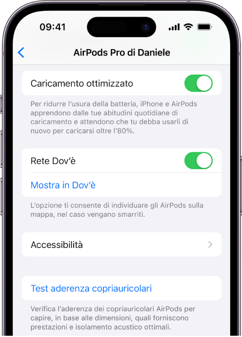 Le impostazioni del Bluetooth di iPhone con le opzioni per gli AirPods Pro (tutte le generazioni). La rete Dov'è è attiva ed è possibile individuare gli AirPods singolarmente su una mappa ogni volta che vengono smarriti.
