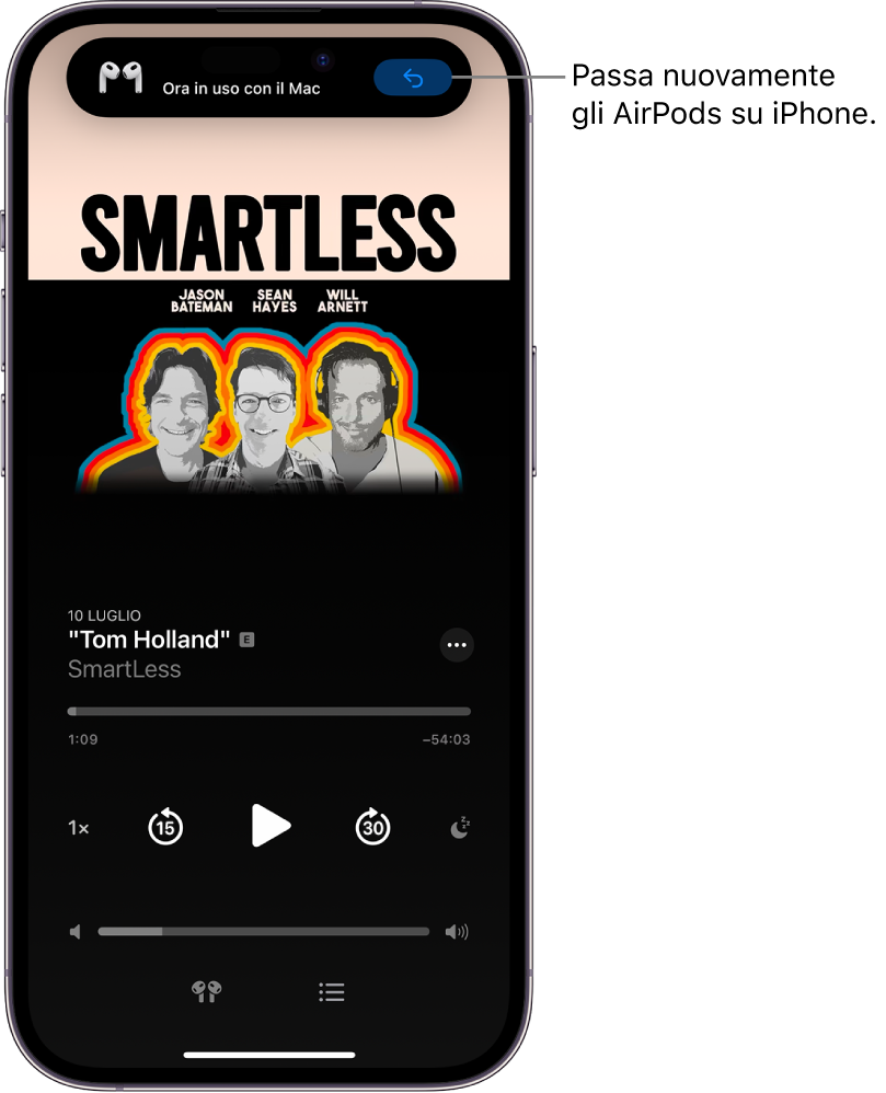 La schermata di blocco su iPhone. In alto, è visibile il messaggio “Ora in uso con Mac” e un pulsante per riconnettere gli AirPods ad iPhone.