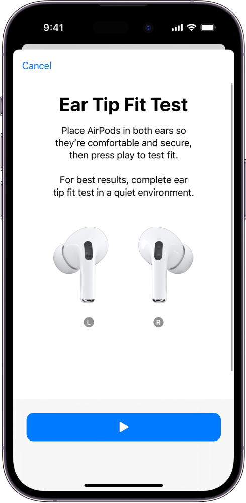 „iPhone“ ekrane rodomas „AirPods Pro“ (1 kartos) padėties patikrinimas „Ear Tip Fit Test“.