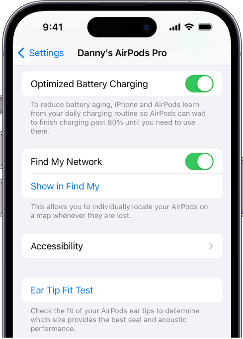 „Bluetooth“ nustatymai „iPhone“ ekrane: rodomos „AirPods Pro“ (bet kurios kartos) parinktys. Parinktis „Find My Network“ įjungta, todėl „AirPods“ galima rasti žemėlapyje, kad ir kur jos būtų pamestos.