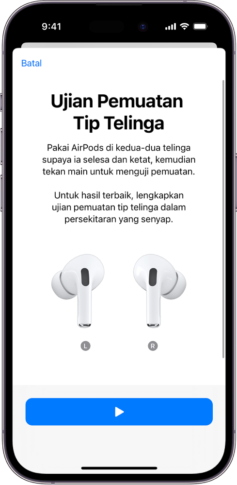 Skrin iPhone memaparkan Ujian Pemuatan Tip Telinga untuk AirPods Pro (generasi pertama).