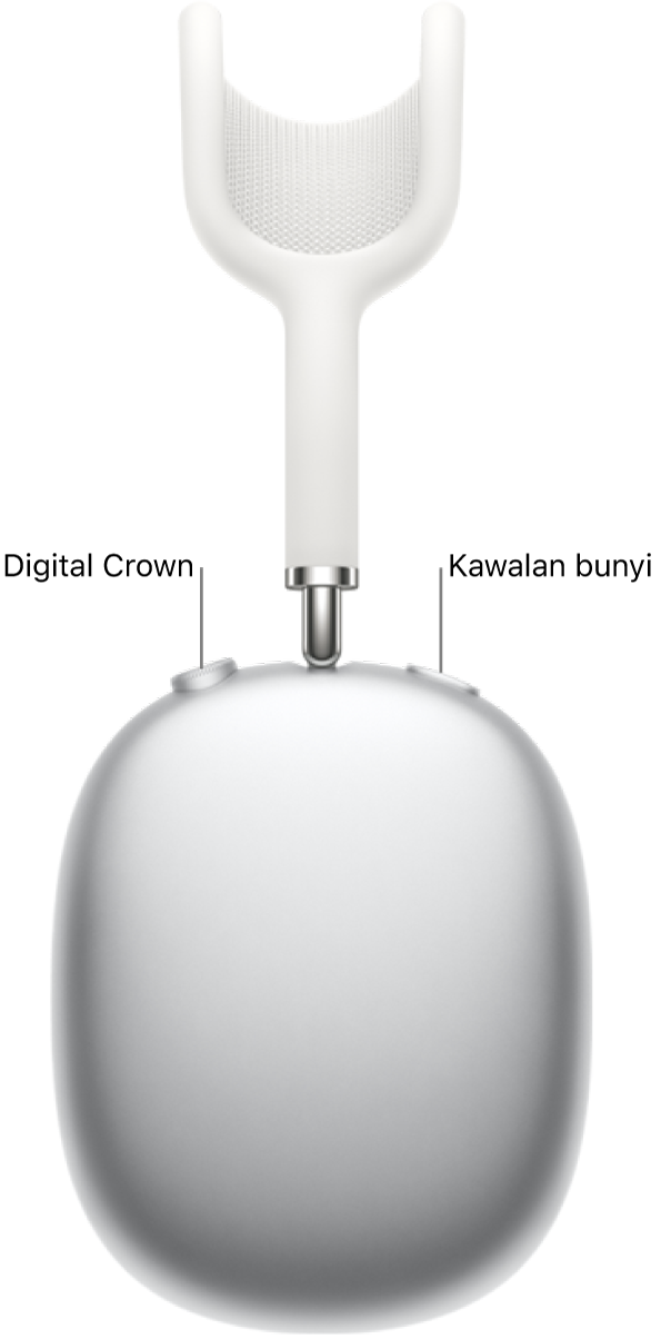 Fon kepala kanan pada AirPods Max, menunjukkan Digital Crown di bahagian kiri atas fon kepala dan butang kawalan bunyi di bahagian kanan atas.