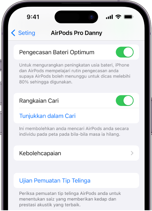 Seting Bluetooth pada iPhone menunjukkan pilihan untuk AirPods Pro (semua generasi). Pilihan Rangkaian Cari aktif, yang membenarkan AirPods dicari secara individu pada peta apabila ia hilang.