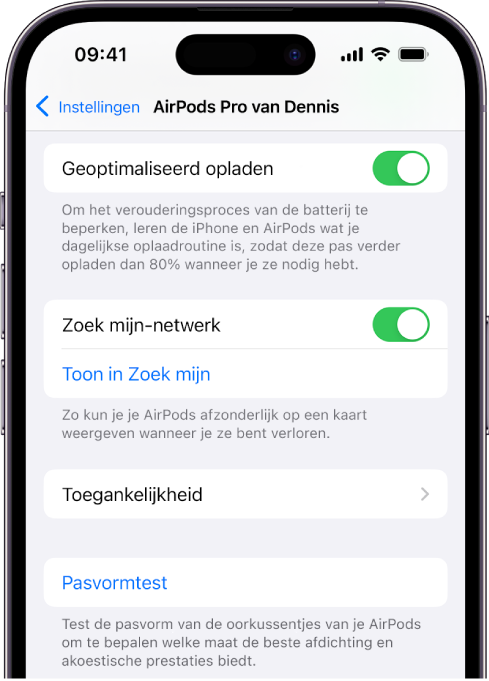 Bluetooth-instellingen op een iPhone met opties voor de AirPods Pro (alle generaties). De optie 'Zoek mijn-netwerk' is ingeschakeld, waardoor de locatie van de afzonderlijke AirPods op een kaart kan worden getoond wanneer ze zoek zijn.