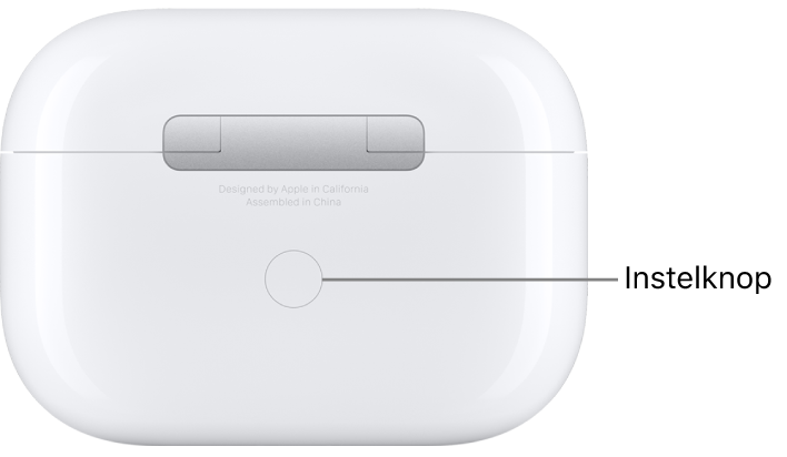 De instelknop middenachter op de oplaadcase van de AirPods Pro (alle generaties).