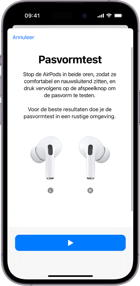 Een iPhone-scherm waarop de pasvormtest voor AirPods Pro (1e generatie) wordt weergegeven.