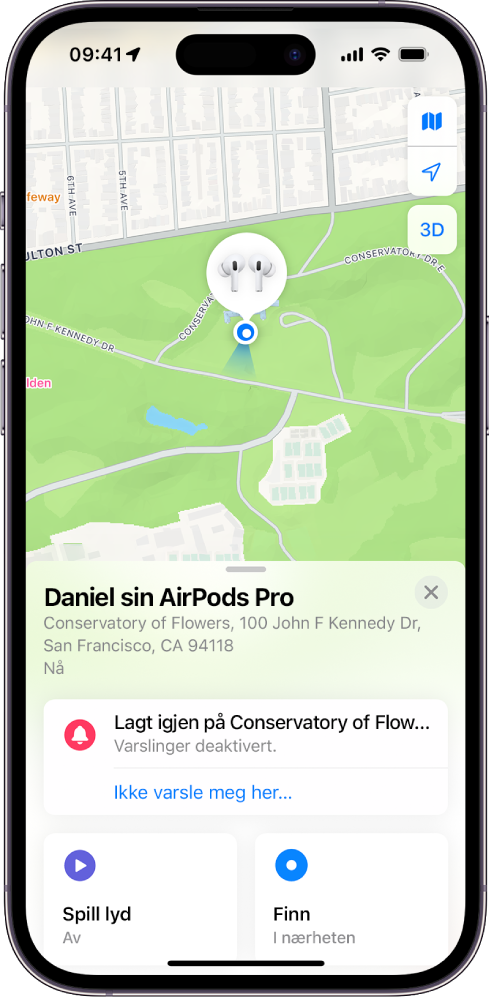 En skjerm fra Hvor er?-appen på iPhone. Posisjonen til AirPods Pro vises på et kart over San Francisco sammen med en adresse og alternativene Spill lyd, Finn og Varslinger.