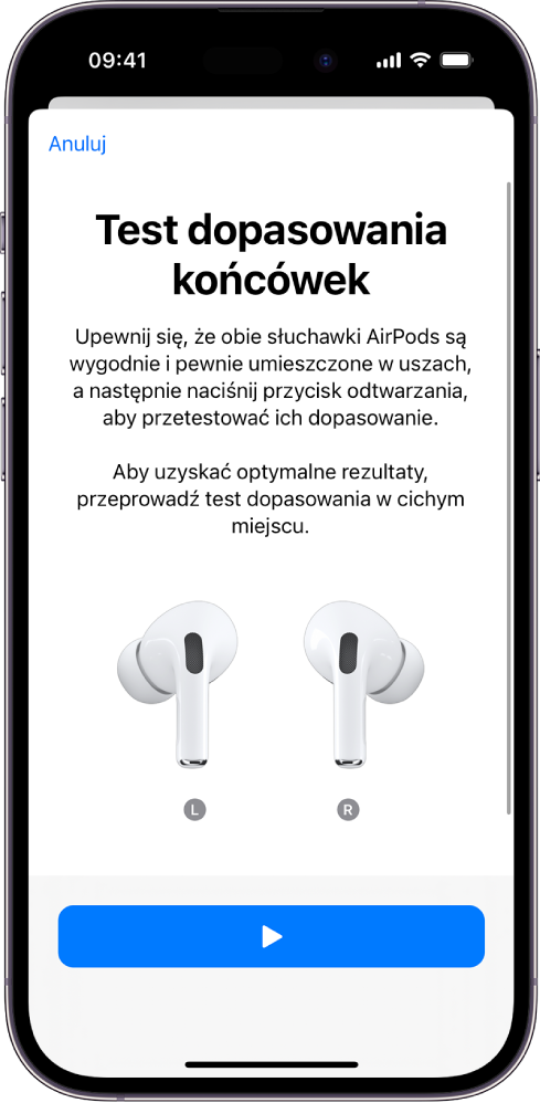 iPhone wyświetlający ekran Test dopasowania końcówek słuchawek AirPods Pro (pierwszej generacji).