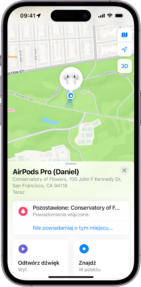 Ekran aplikacji Znajdź na iPhonie. Wyświetlane jest położenie słuchawek AirPods Pro na mapie San Francisco z pokazanym adresem. Widoczne są opcje Odtwórz dźwięk, Znajdź oraz Powiadomienia.