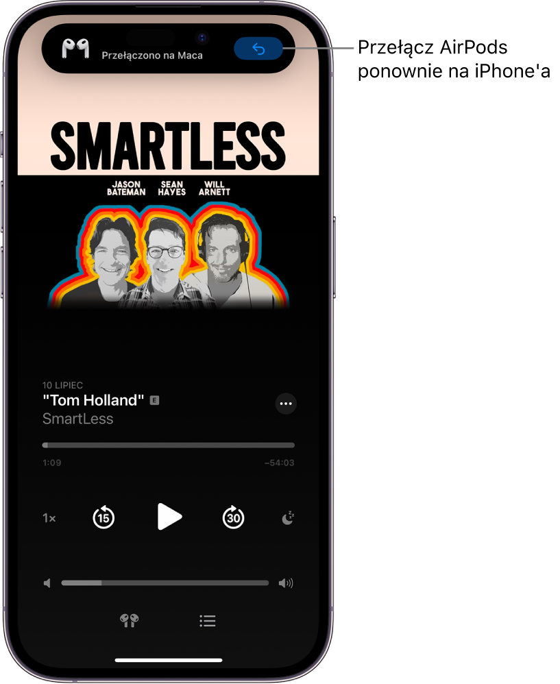 Ekran blokady na iPhonie z komunikatem u góry Przełączono na Maca i przyciskiem do przełączenia słuchawek AirPods z powrotem na iPhone’a.
