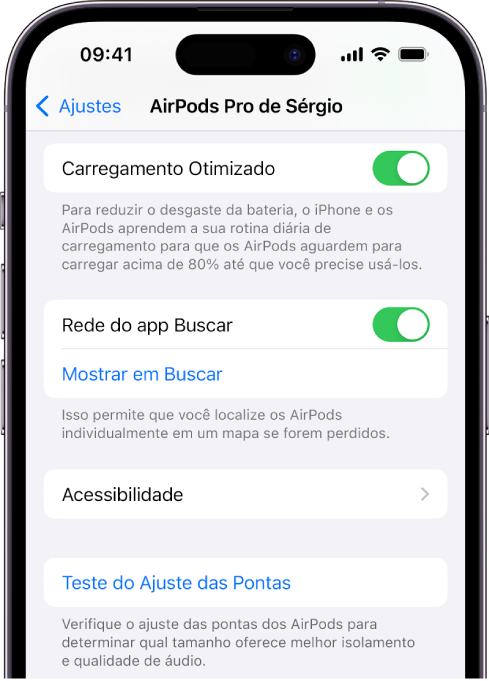 Ajustes de Bluetooth em um iPhone mostrando opções para os AirPods Pro (todas as gerações). A opção “Rede do app Buscar” está ativada, o que permite que os AirPods sejam localizados individualmente em um mapa sempre que estiverem perdidos.