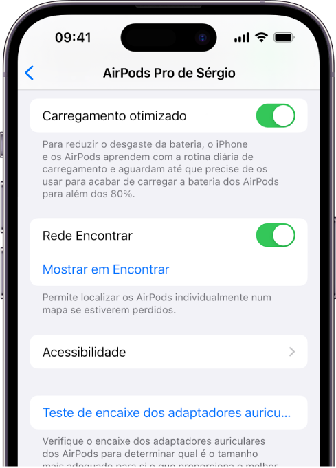 As definições de Bluetooth de um iPhone a apresentarem as opções dos AirPods Pro (todas as gerações). A opção “Rede Encontrar” está ativada, o que permite localizar individualmente os AirPods num mapa quando estão perdidos.