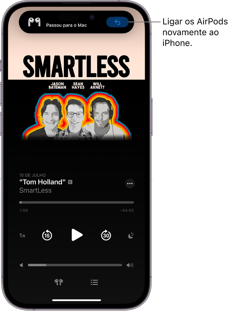 O ecrã bloqueado no iPhone com uma mensagem na parte superior a indicar “Passaram para o Mac” e um botão para passar os AirPods novamente para o iPhone.