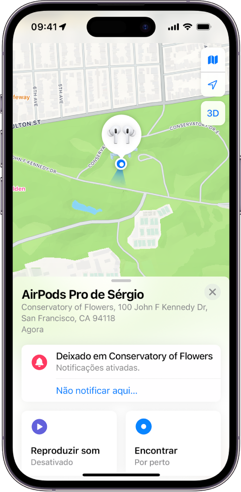 Um ecrã da aplicação Encontrar no iPhone. A localização dos AirPods Pro é apresentada num mapa de São Francisco, juntamente com uma morada listada e as opções “Reproduzir som”, “Encontrar” e “Notificações”.