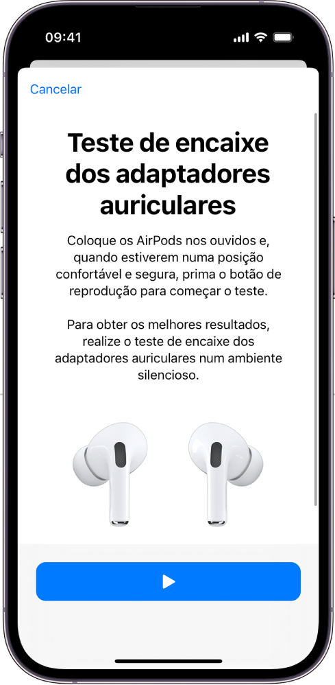 O ecrã de um iPhone a mostrar o “Teste de encaixe dos adaptadores auriculares” dos AirPods Pro (1.ª geração).