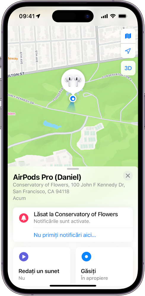 Un ecran din aplicația Găsire de pe iPhone. Localizarea căștilor AirPods Pro este indicată pe harta orașului San Francisco, alături de o adresă afișată și opțiunile Redați un sunet, Găsire și Notificări.