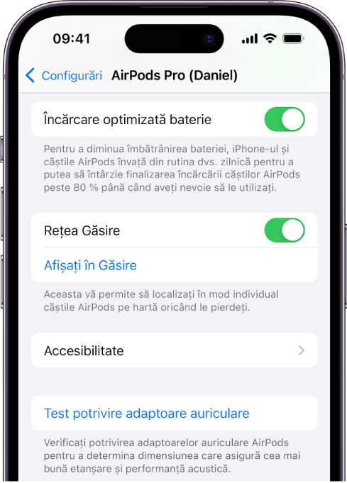 Configurările Bluetooth pe un iPhone, afișând opțiunile pentru AirPods Pro (toate generațiile). Opțiunea Rețea Găsire este activată, ceea ce permite localizarea individuală a căștilor AirPods pe hartă în eventualitatea pierderii acestora.