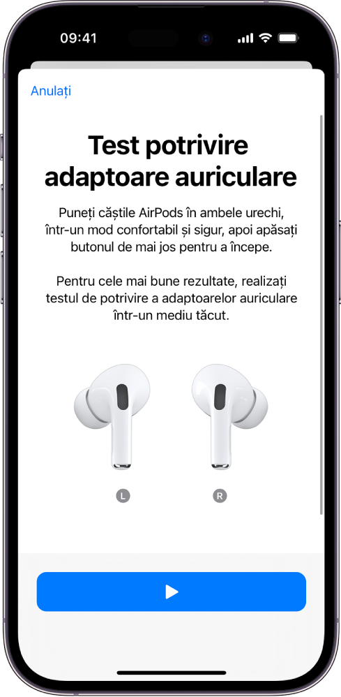 Ecranul unui iPhone afișând testul de potrivire a adaptoarelor auriculare pentru AirPods Pro (prima generație).