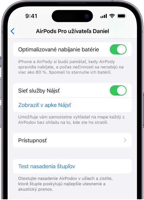 Nastavenia Bluetooth na iPhone zobrazujúce možnosti pre AirPody Pro (všetky generácie). Sieť služby Nájsť je zapnutá, čo umožňuje zobraziť polohu jednotlivých AirPodov na mape vždy, keď sa stratia.