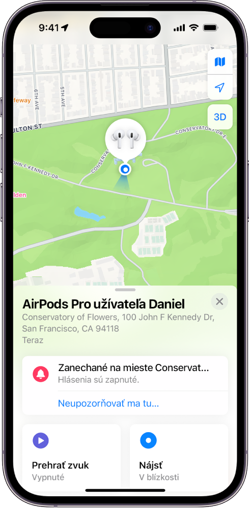 Obrazovka apky Nájsť na iPhone. Na mape San Francisca sa zobrazuje poloha AirPodov Pro vrátane adresy spolu s možnosťami Prehrať zvuk, Nájsť a Hlásenia.