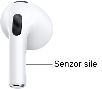 Mesto senzorja sile na slušalkah AirPods (3. generacije) ob steblu posamične slušalke AirPods.