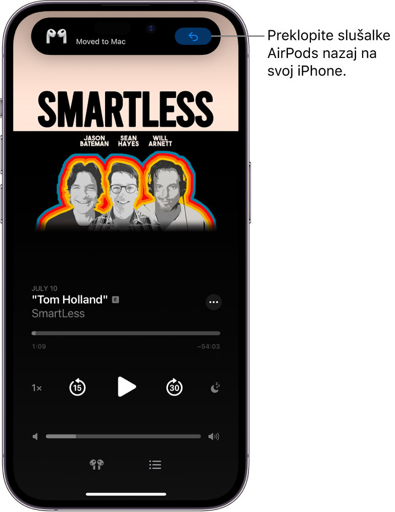 Zaklenjen zaslon v iPhonu s sporočilom na vrhu zaslona, v katerem piše Moved to Mac in gumbom za preklop slušalk AirPods nazaj na iPhone.