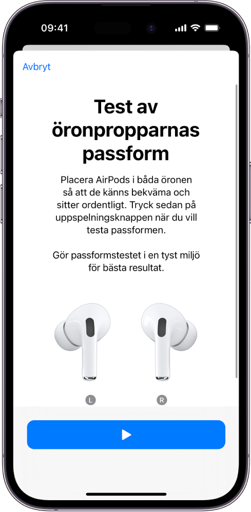 En iPhone-skärm som visar Test av öronpropparnas passform för AirPods Pro (första generationen).