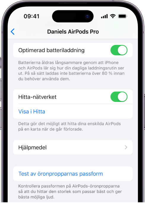 Bluetooth-inställningarna på en iPhone med alternativ för AirPods Pro (alla generationer). Alternativet Hitta-nätverket är aktiverat så att det går att hitta AirPods en och en på en karta om de tappas bort.