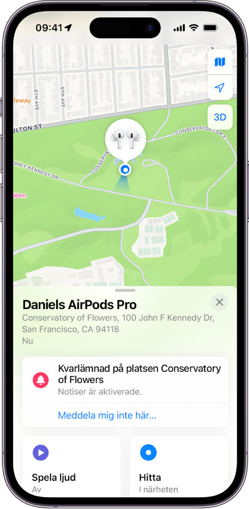 En skärm från appen Hitta på iPhone. Platsen för AirPods Pro visas på en karta över San Francisco tillsammans med en adress och alternativen att spela upp ljud, hitta och notiser.