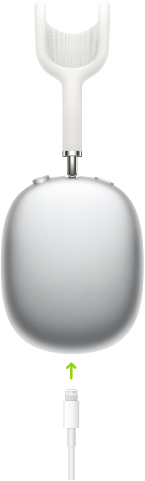 AirPods Max’in sağ kulaklığının altına bağlanan bir şarj kablosu.