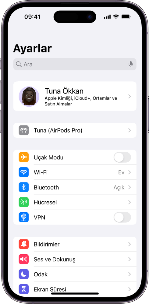 iPhone’daki Ayarlar uygulaması, kullanıcının bağlı AirPods’unun ekranın en üstünde listelendiğini gösteriyor.