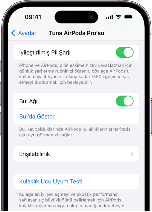 iPhone’da AirPods Pro (tüm nesiller) seçeneklerini gösteren Bluetooth ayarları. AirPods kaybolduğunda kulaklıkların bir haritada tek tek bulunmasına izin veren Bul ağı seçeneği açık.