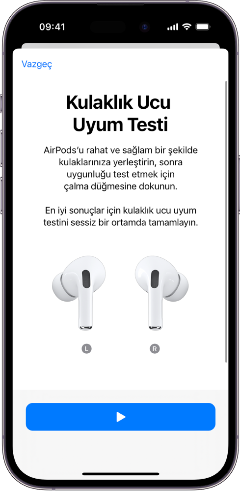 AirPods Pro (1. nesil) için Kulaklık Ucu Uyum Testi’ni görüntüleyen bir iPhone ekranı.