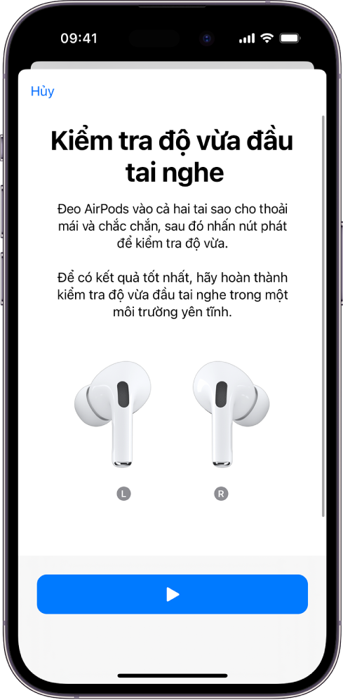 Một màn hình iPhone đang hiển thị Kiểm tra độ vừa đầu tai nghe cho AirPods Pro (thế hệ 1).