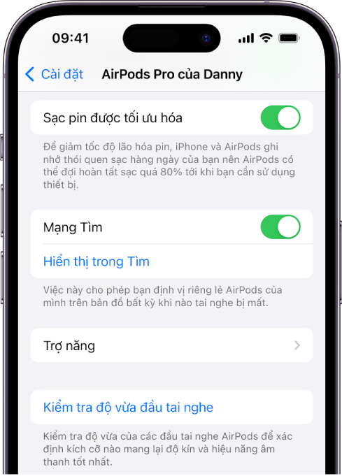 Cài đặt Bluetooth trên iPhone đang hiển thị các tùy chọn cho AirPods Pro (tất cả các thế hệ). Tùy chọn Mạng Tìm được bật, cho phép định vị riêng lẻ các AirPods trên bản đồ bất kỳ lúc nào chúng bị mất.