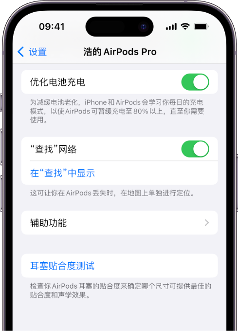 iPhone 上的蓝牙设置显示 AirPods Pro（所有型号）的选项。“查找”网络选项已打开，这可让你在 AirPods 丢失时逐一在地图上进行定位。