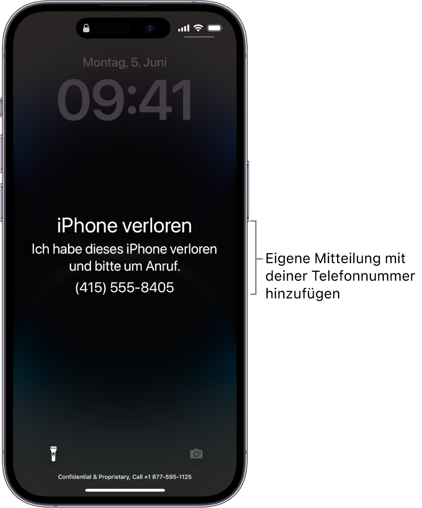 Ein iPhone-Sperrbildschirm mit der Nachricht „iPhone verloren“. Du kannst eine eigene Nachricht mit deiner Telefonnummer hinzufügen.
