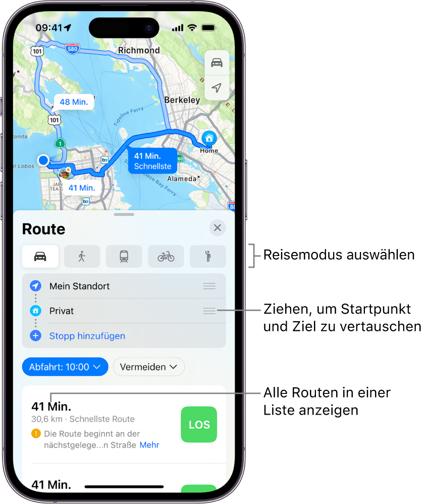 Auswählen weiterer Routenoptionen in der App „Karten“ auf dem iPhone - Apple  Support (DE)